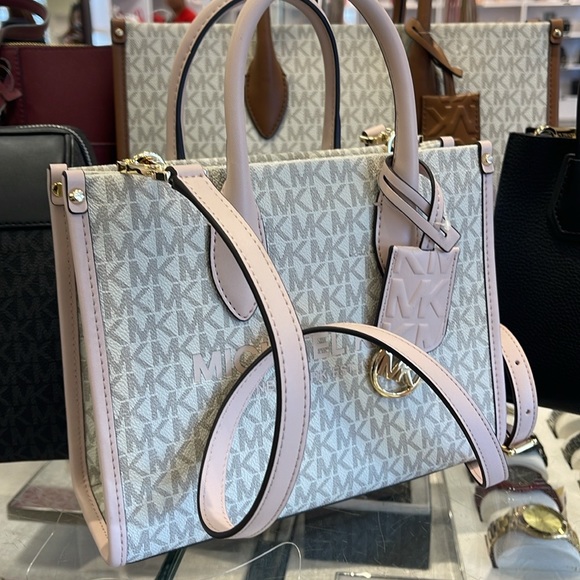 Michael Kors Mirella Small Shopper Top Zip Crossbody Bag Powder Blush Multi Logo - Picture 2 of 16